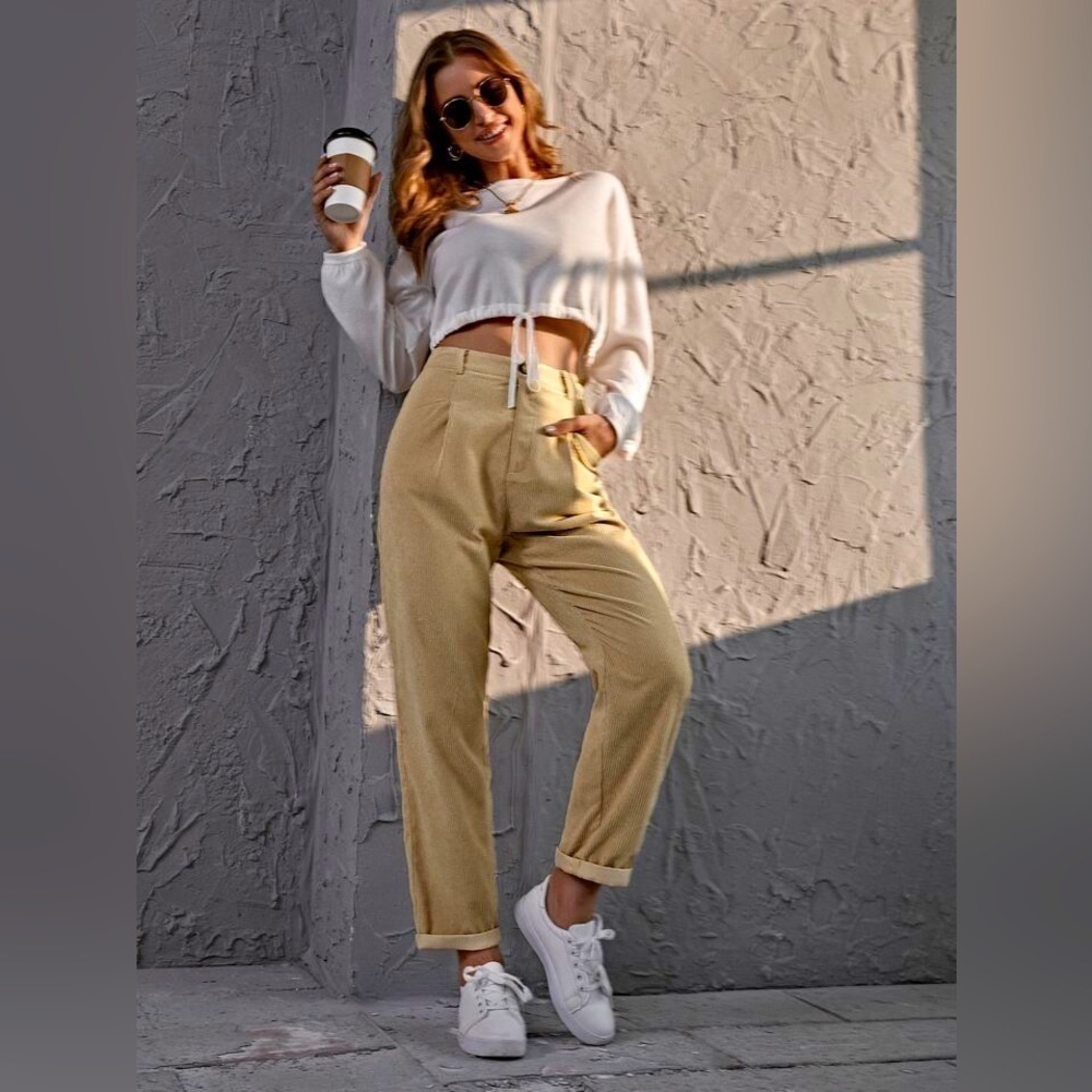 SHEIN Corduroy High-Rise Straight-Leg Pants Beige L